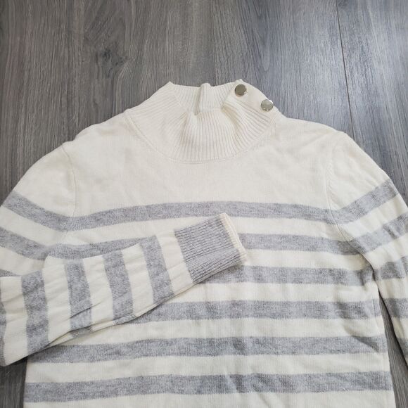 Magaschoni Sweater Women Large Cream Gray Stripe Cashmere Wool Classic Preppy - Picture 2 of 7